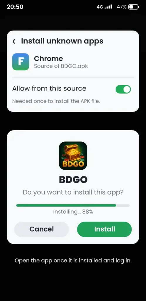 BDGO APK install screen on Android – allow unknown apps and tap Install