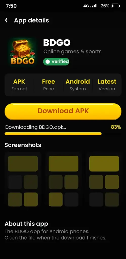 BDGO app download screen with the Download APK button on Android