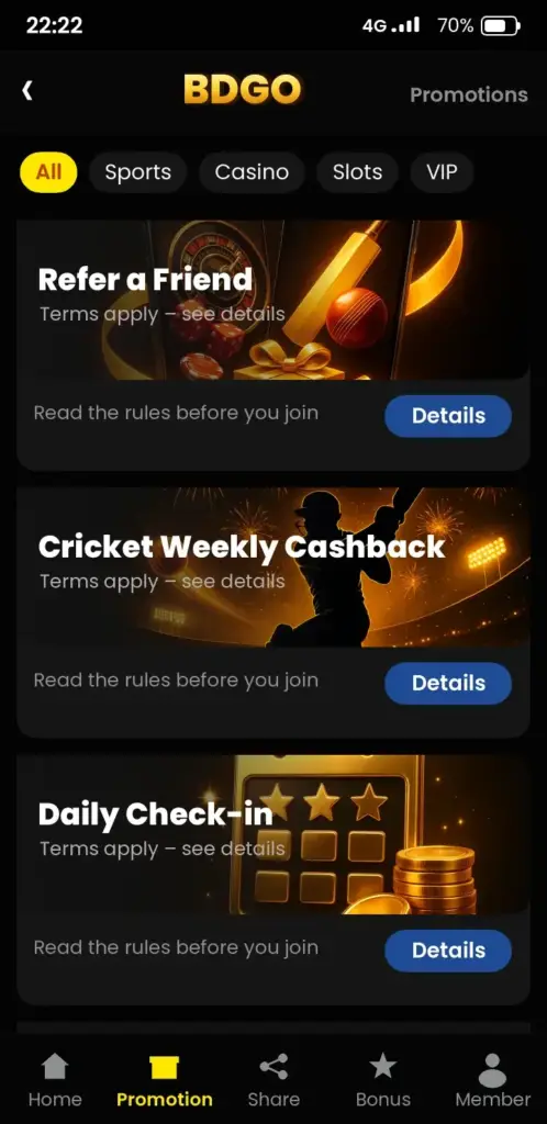 BDGO bonus and promotions screen in the app