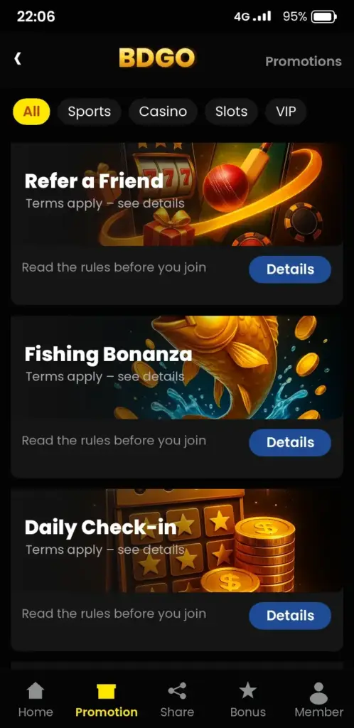 BDGO bonus and promotions screen in the app