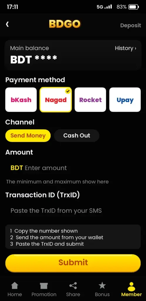 BDGO deposit screen with bKash, Nagad and Rocket payment methods
