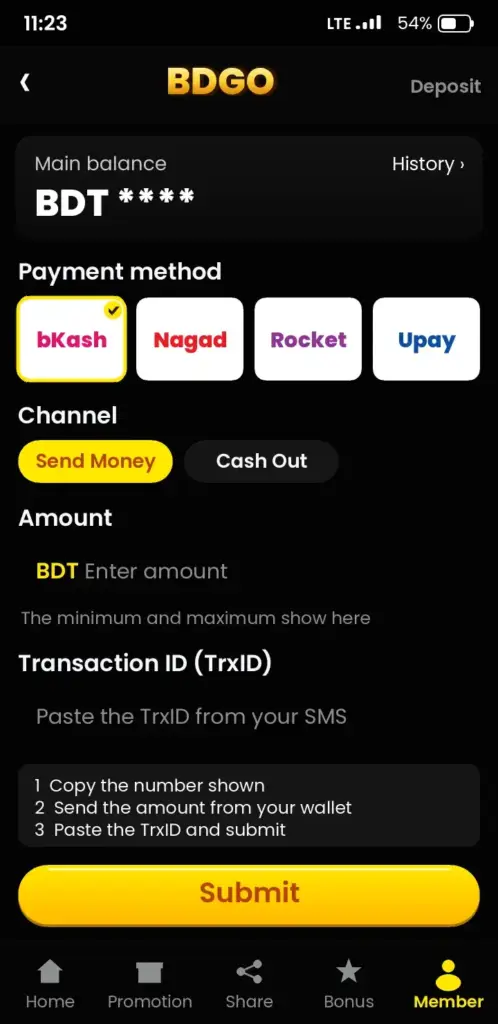 BDGO deposit screen with bKash, Nagad and Rocket payment methods