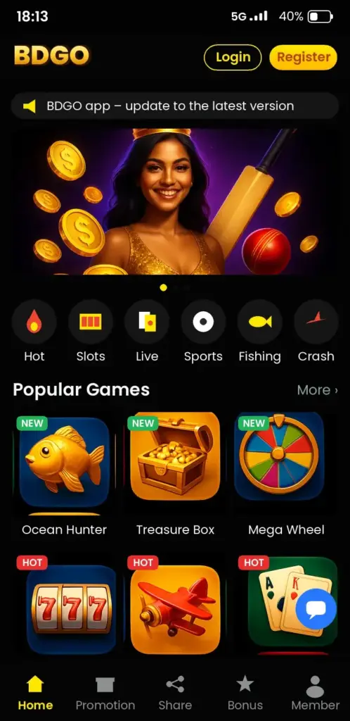 BDGO app game lobby with slots, live casino and crash games