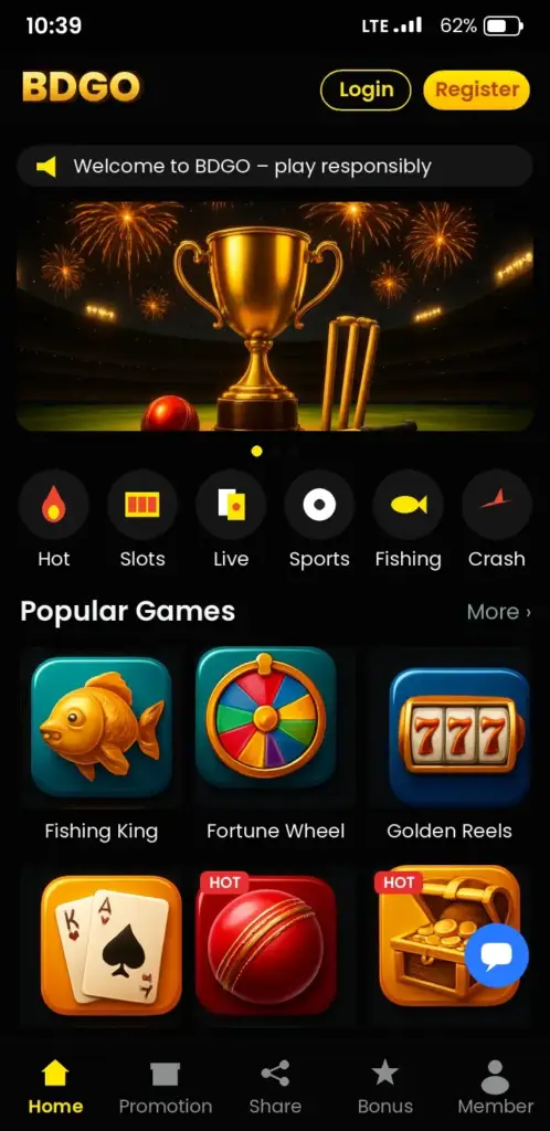 BDGO Aviator – app game lobby with slots, live casino and crash games