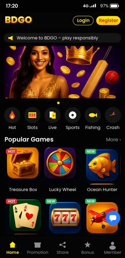 BDGO app game lobby with slots, live casino and crash games