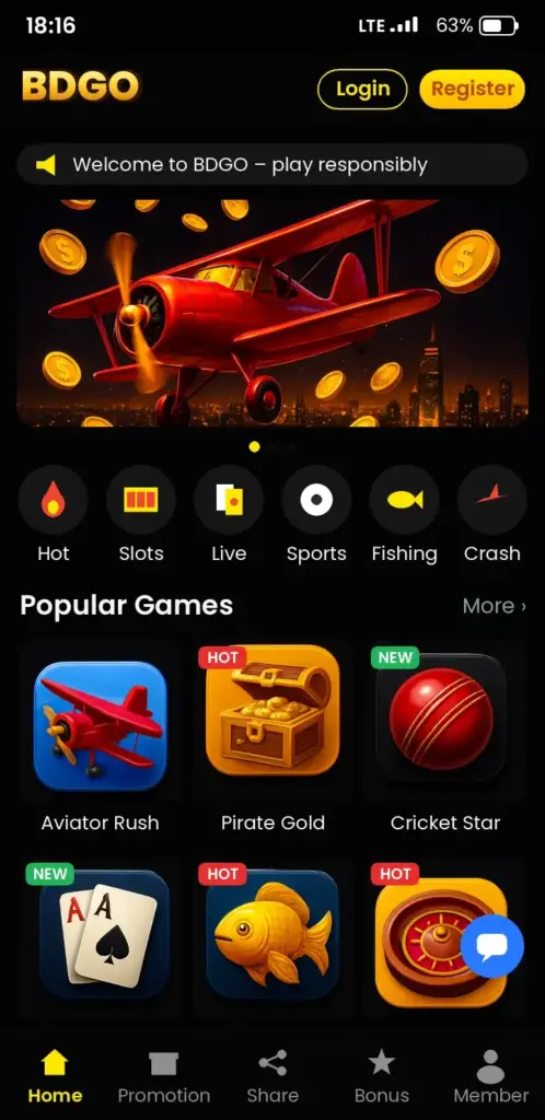 BDGO app game lobby with slots, live casino and crash games