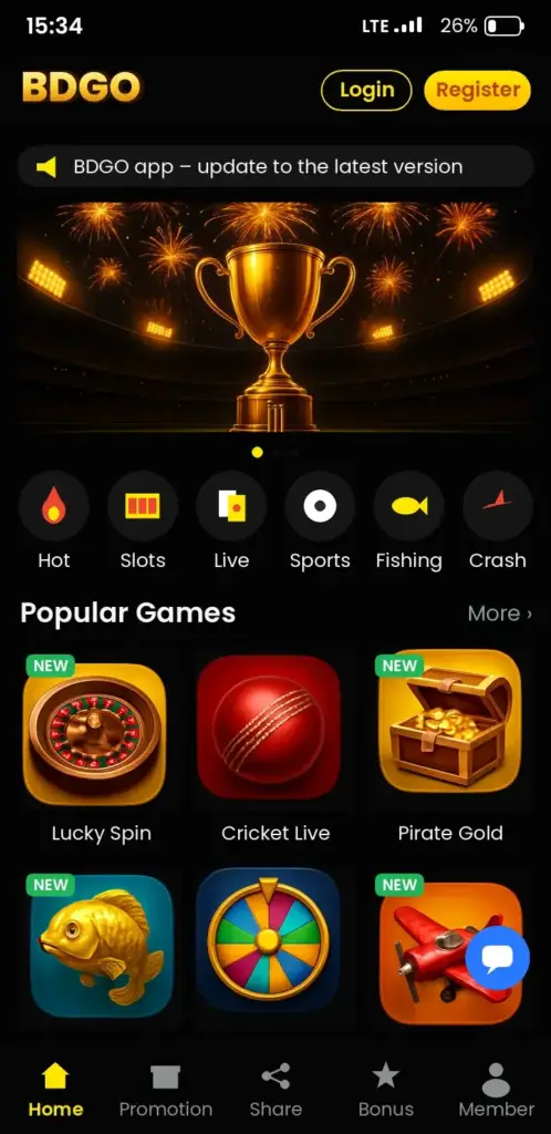 BDGO Casino Games – app game lobby with slots, live casino and crash games