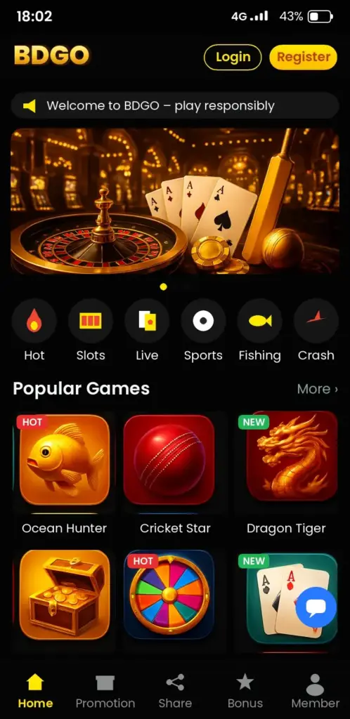 BDGO app game lobby with slots, live casino and crash games