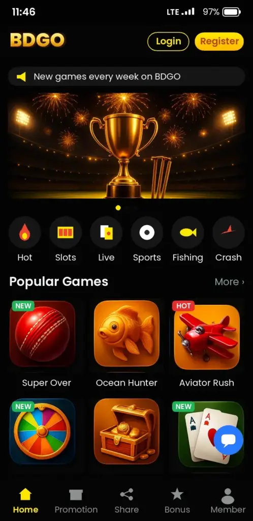 BDGO Slots – app game lobby with slots, live casino and crash games