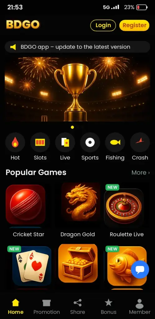BDGO app game lobby with slots, live casino and crash games