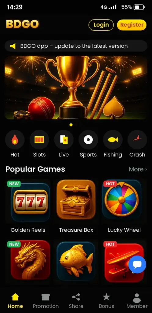 BDGO app game lobby with slots, live casino and crash games