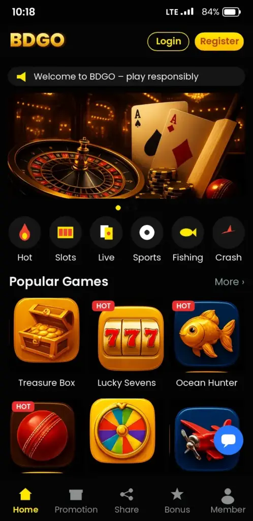 BDGO app game lobby with slots, live casino and crash games