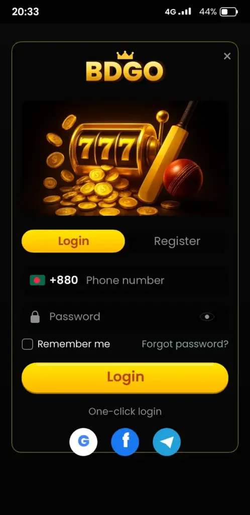 BDGO login screen in the app with phone number and password