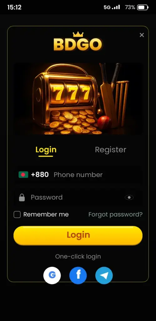 BDGO login screen in the app with phone number and password
