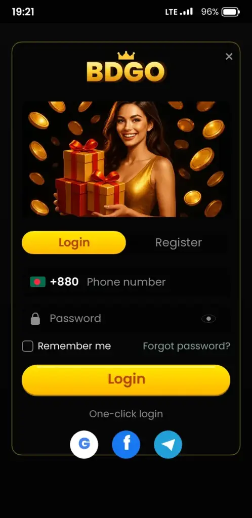 BDGO login screen in the app with phone number and password