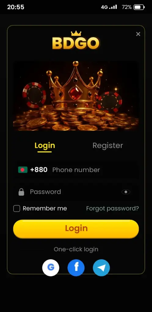 BDGO login screen in the app with phone number and password