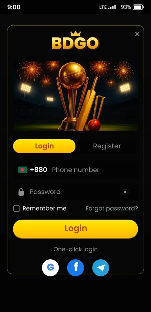 BDGO login screen in the app with phone number and password