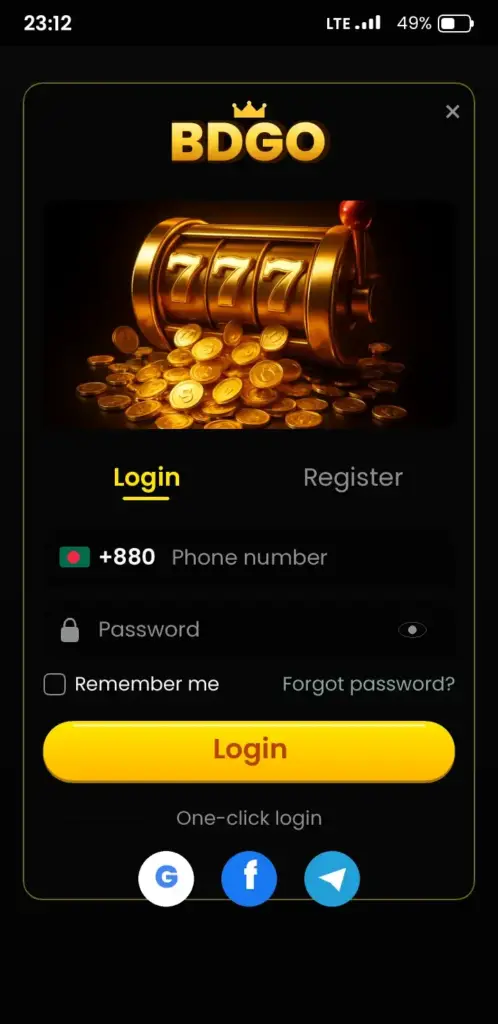 BDGO login screen in the app with phone number and password