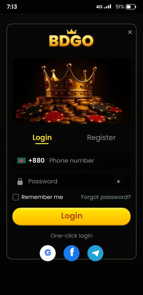 BDGO login screen in the app with phone number and password