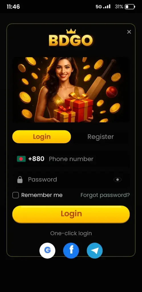 BDGO login screen in the app with phone number and password